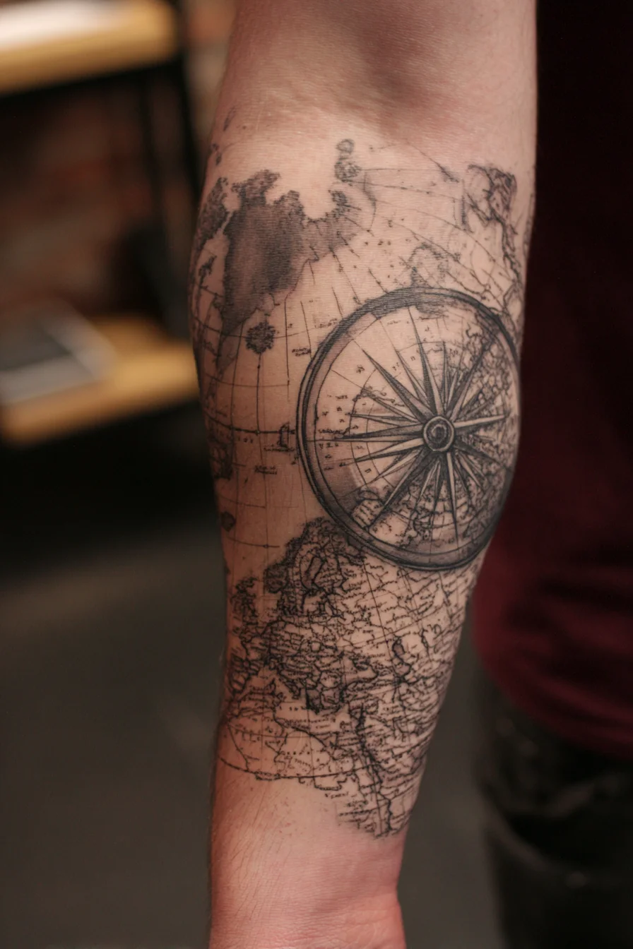 Compass Rose & Antique Map Tattoo — Forearm Travel, Direction, Exploration