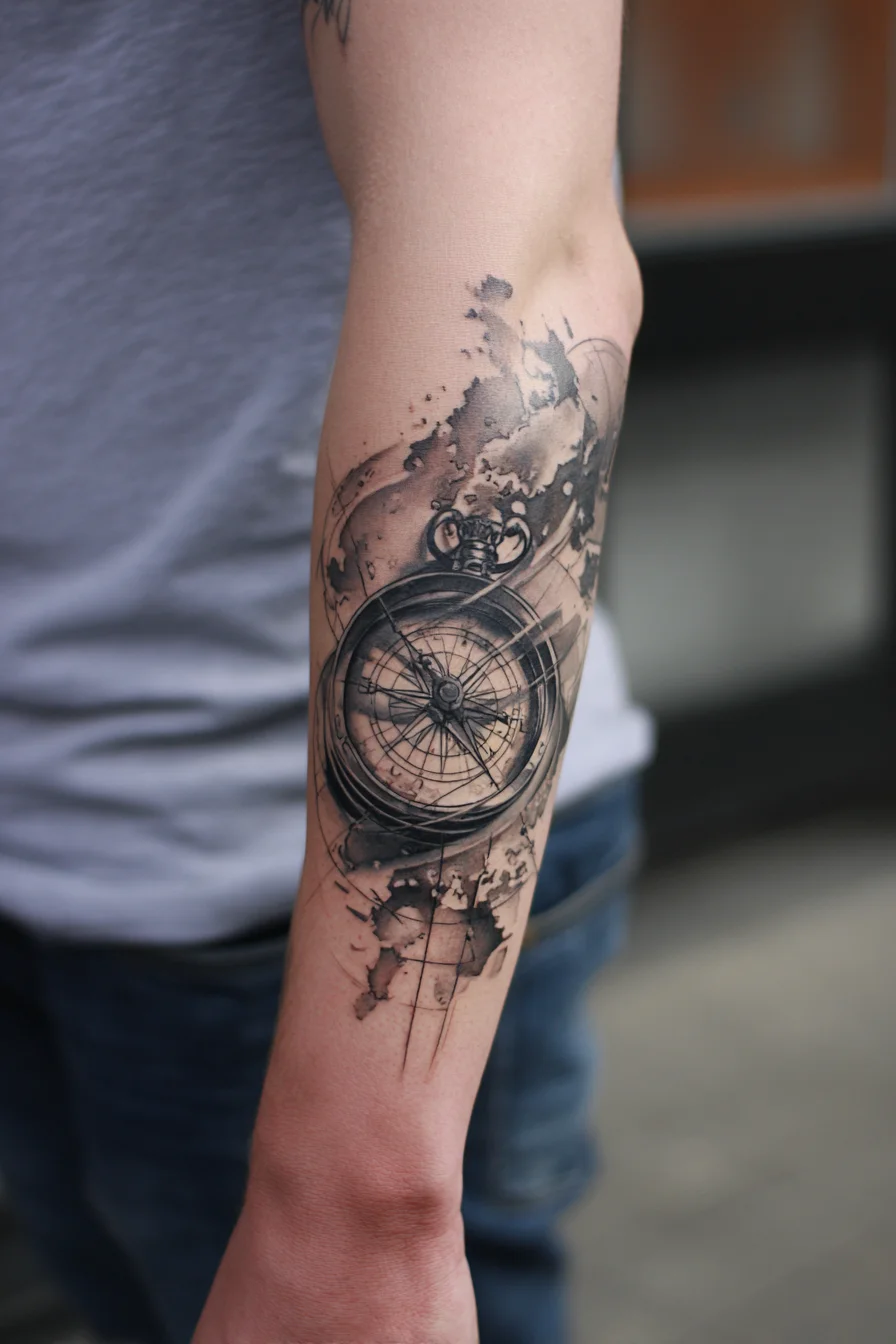 Compass & World-Map Forearm Tattoo — Navigation, Travel, Direction