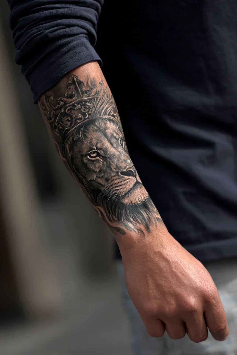 Crowned Lion Forearm Tattoo - Realistic Black & Gray Masculine Design