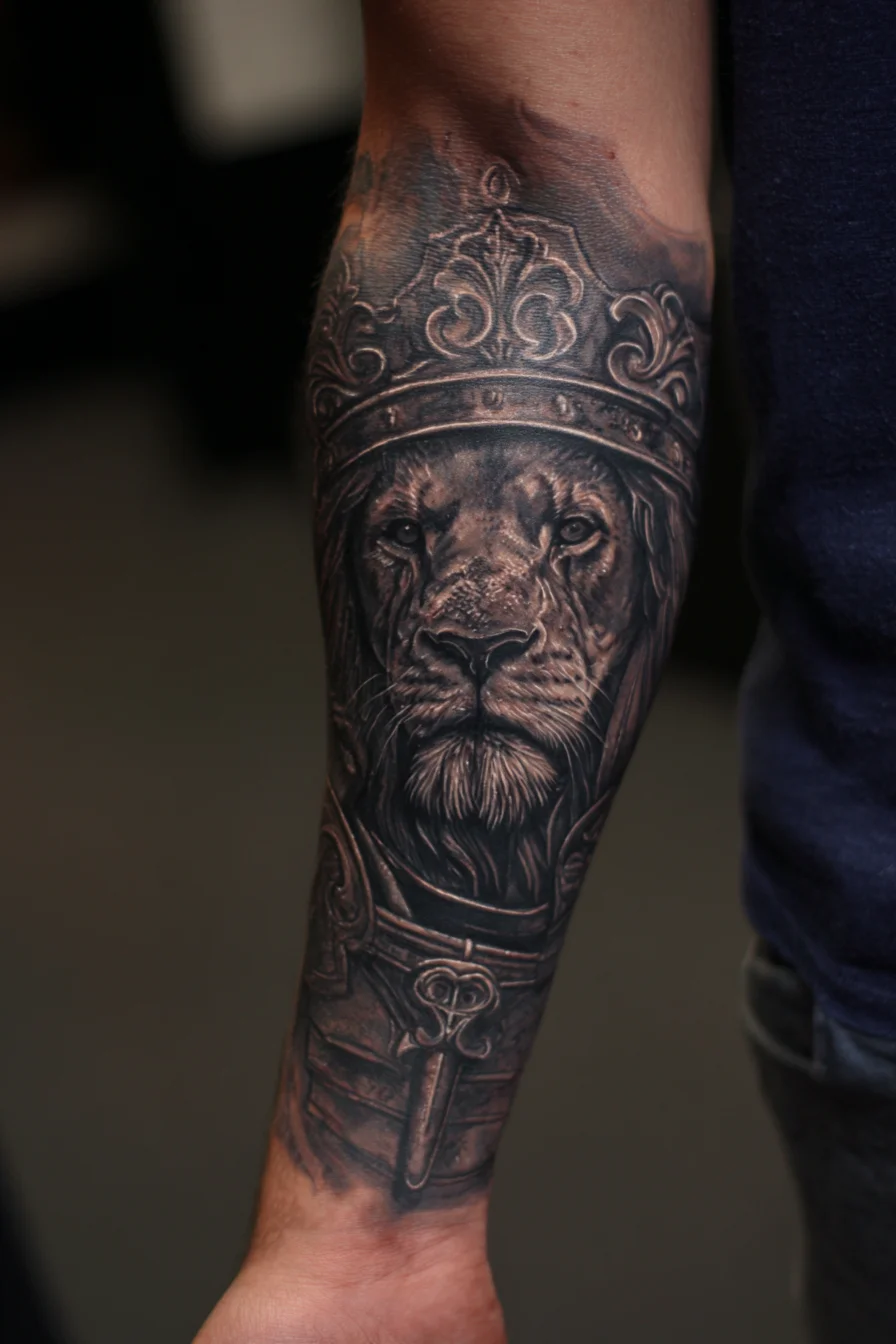 Crowned Lion Forearm Tattoo — Realistic Black & Grey Masculine Design