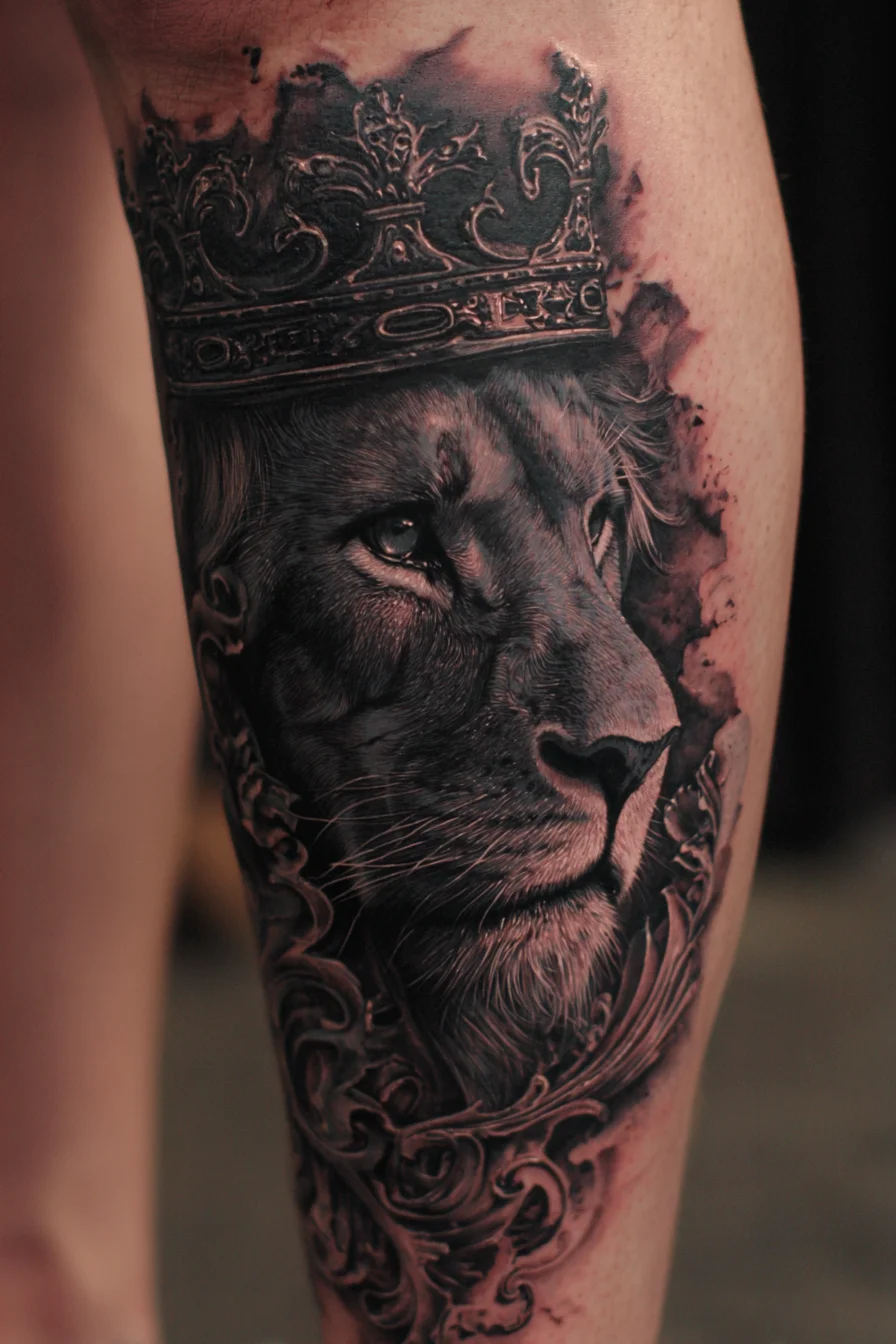 Crowned Lion Realism Tattoo — Black & Grey Calf or Forearm Piece