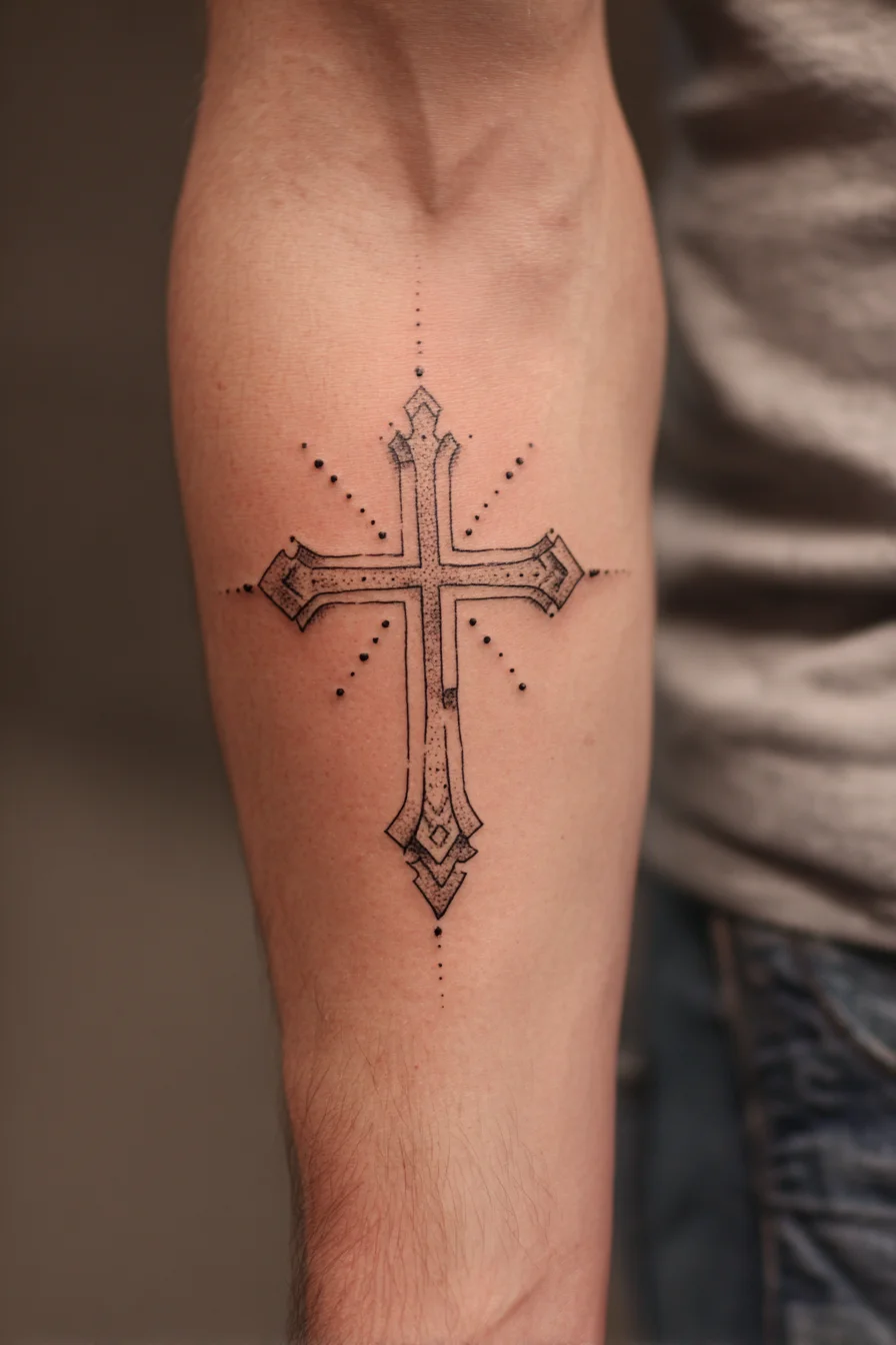 Dotwork Cross Forearm Tattoo — Masculine Religious Cross Design