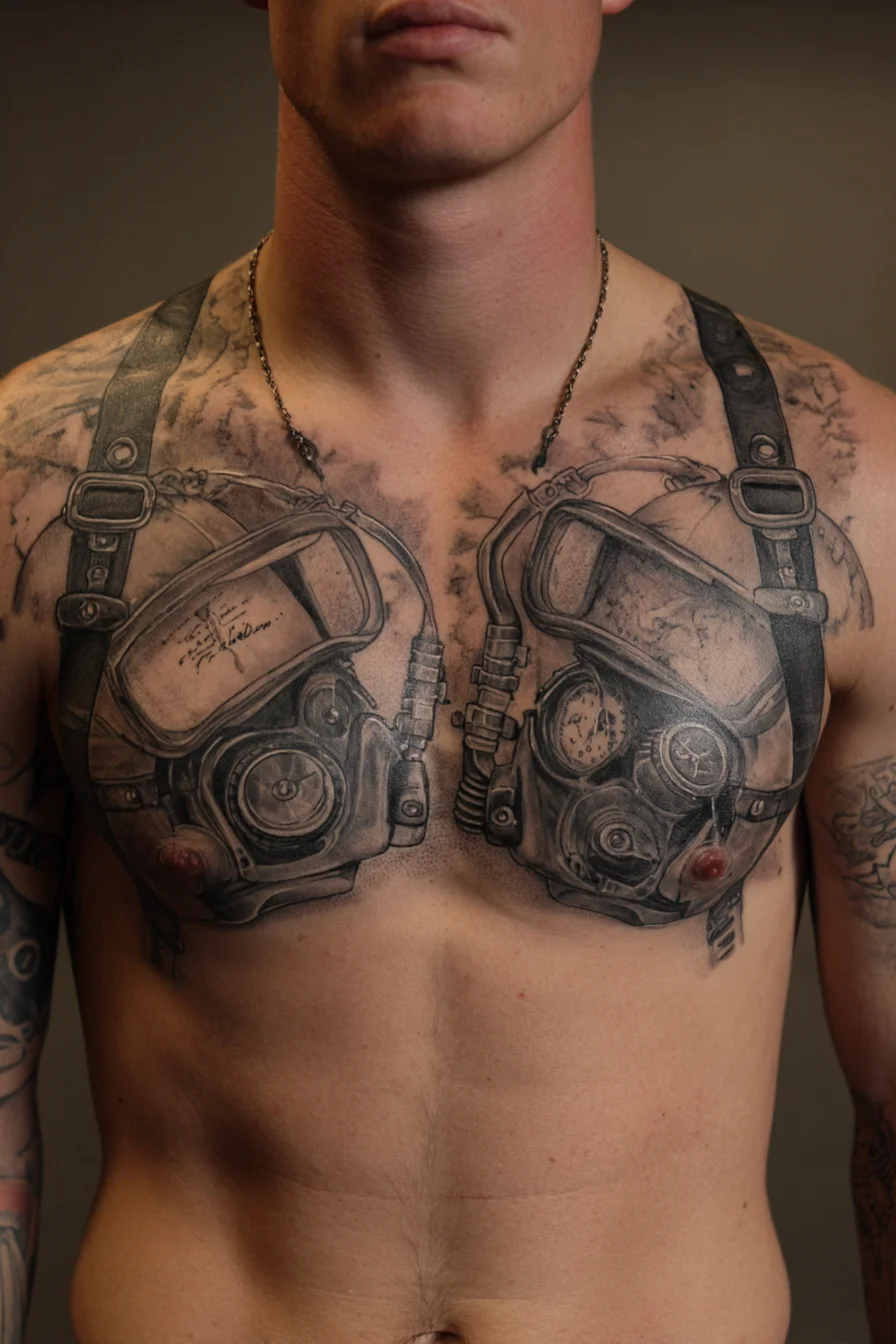 Dual Gas Mask Chest Tattoo — Realistic Black & Grey Pectoral Design