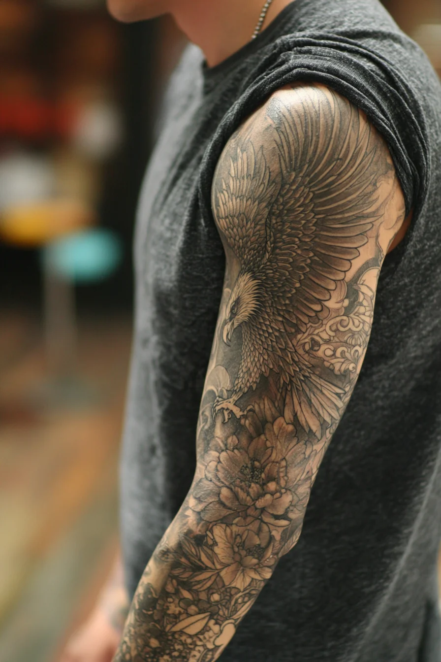 Eagle and Floral Black & Grey Sleeve — Mens Arm Tattoo
