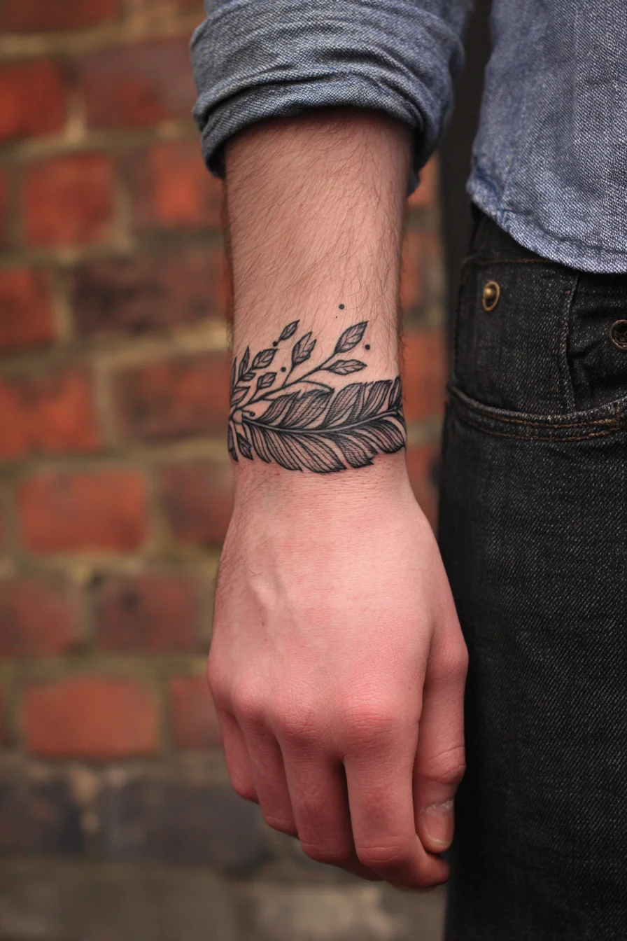 Feather & Leaf Wristband Tattoo — Blackwork Nature Band for Men