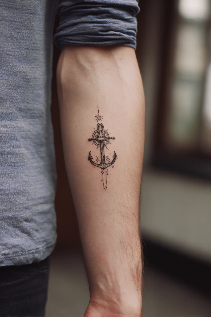 Fine-Line Anchor and Compass Forearm Tattoo — Nautical Minimalist Mens Design