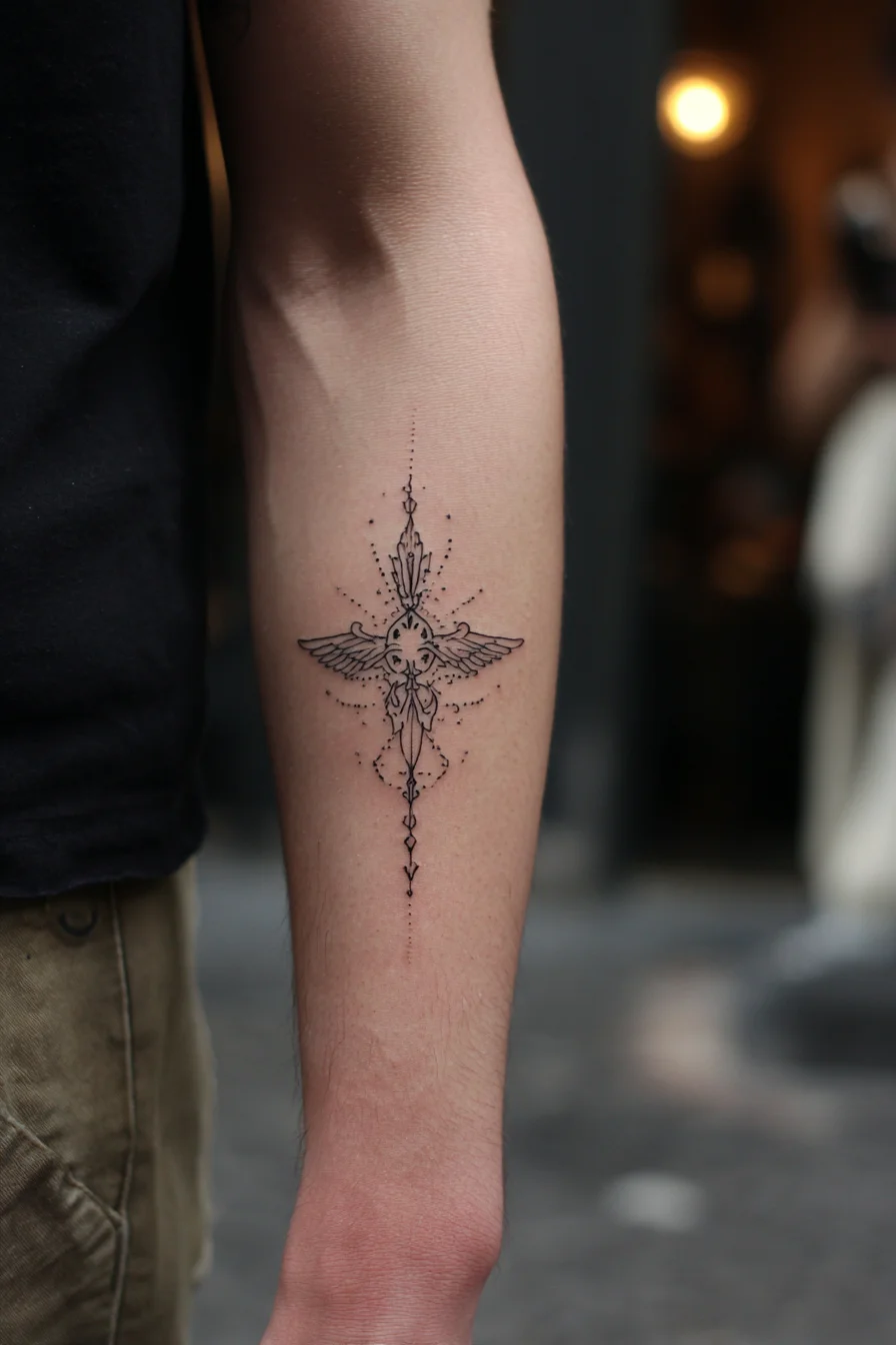 Fine-Line Winged Dagger Forearm Tattoo — Minimalist Dotwork & Symmetry