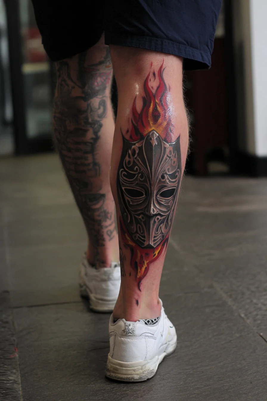 Flaming Warrior Mask Calf Tattoo — 3D Metal Helmet, Flames & Ornate Filigree