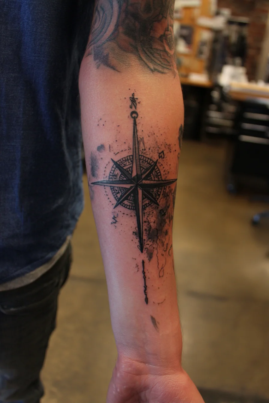 Forearm Compass Rose Tattoo — Nautical Compass with Watercolor Splatter