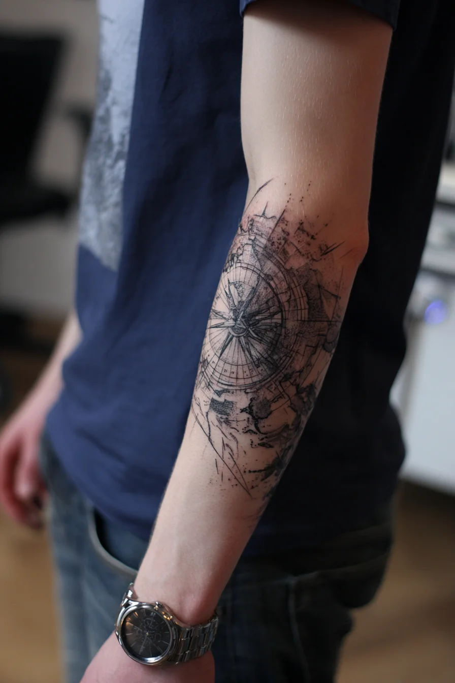 Forearm Compass & World Map Tattoo — Blackwork Navigation Design