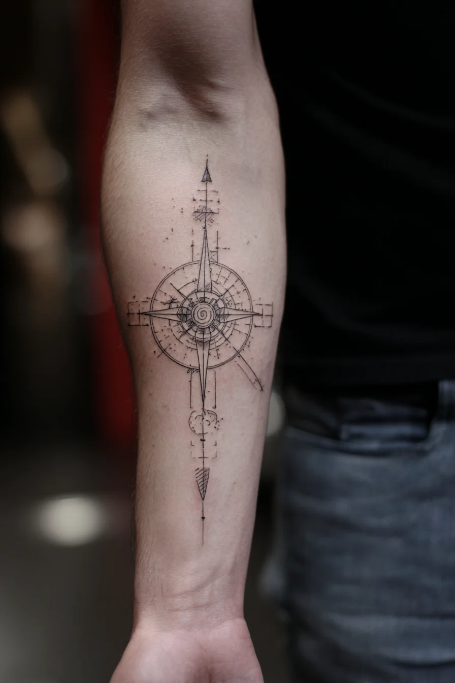 Forearm Geometric Compass Tattoo — Minimal Linework Navigation Design