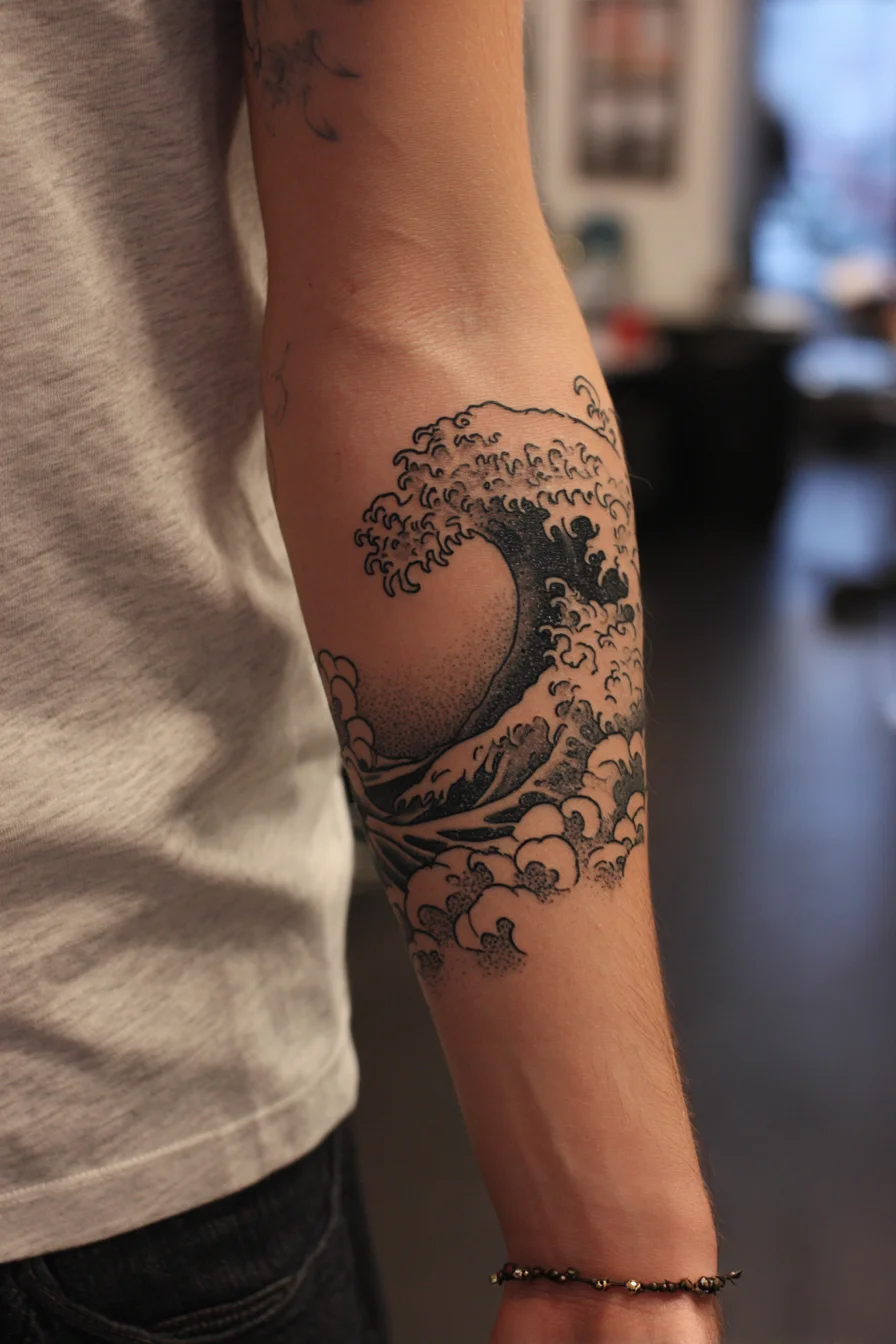 Forearm Japanese Wave Tattoo — Blackwork Great Wave with Dotwork Shading