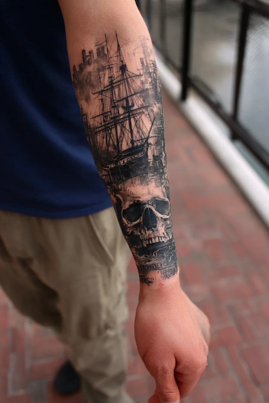 Forearm Skull & Ship Tattoo — Nautical Black-and‑Grey Sleeve