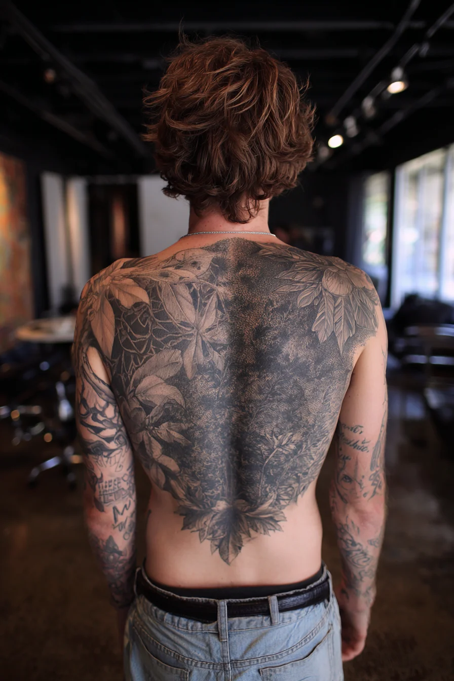 Full-Back Botanical Blackwork Tattoo — Leaves, Dotwork & Shading
