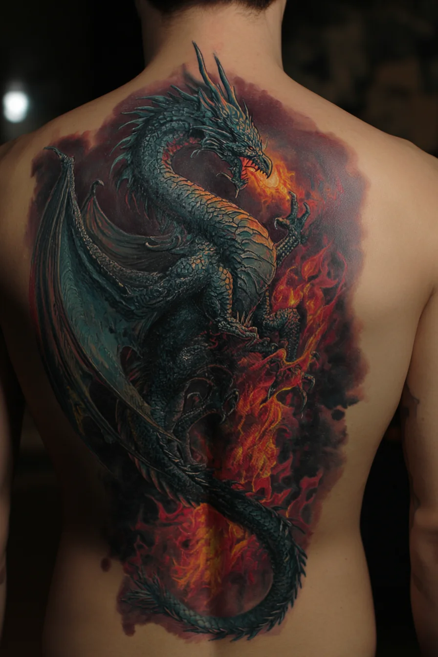 Full-Back Fire Dragon Tattoo — Realistic Green Dragon with Flames