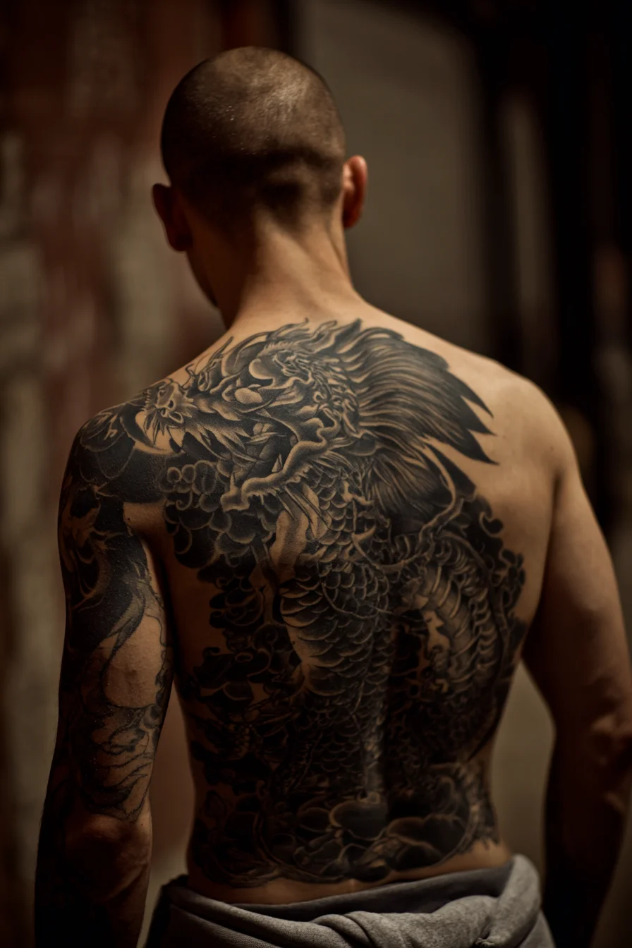 Full-Back Japanese Dragon Tattoo — Black & Grey Dragon Back Piece