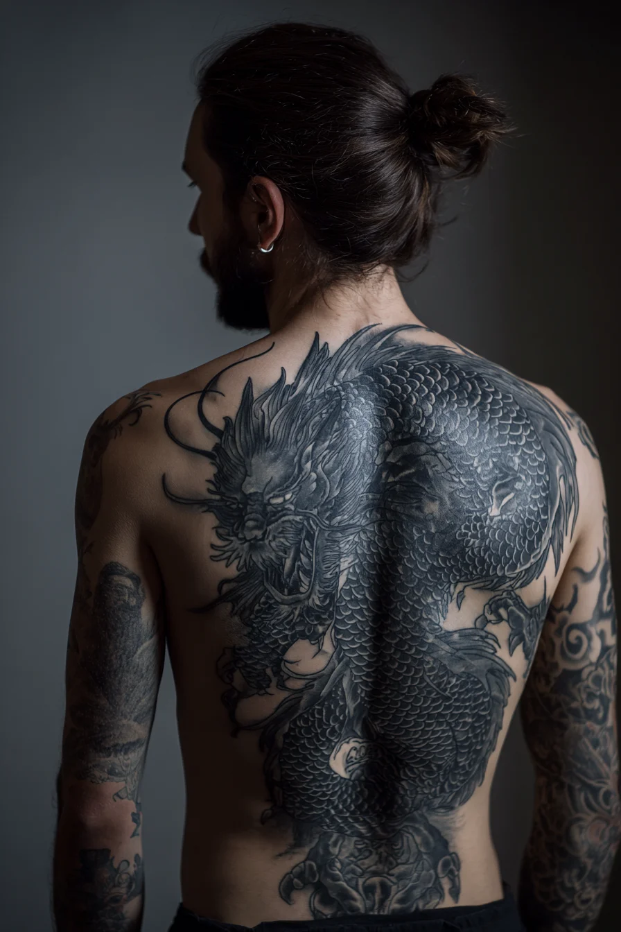 Full-Back Japanese Dragon Tattoo — Black & Grey Dragon Design