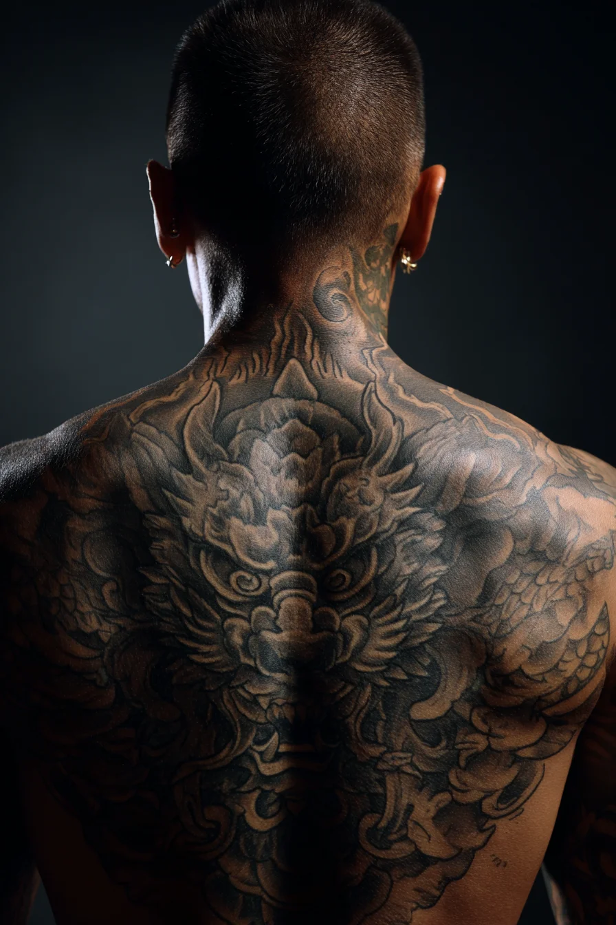 Full-Back Japanese Guardian Dragon/Oni Tattoo — Black & Grey Irezumi Style