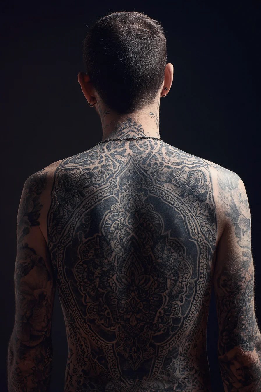 Full-Back Mandala Blackwork Tattoo — Ornamental, Floral & Geometric