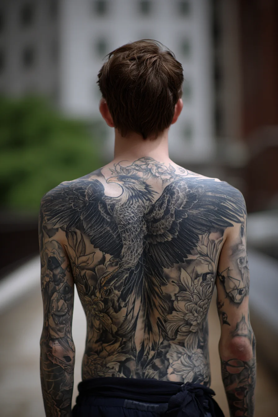 Full-Back Phoenix Tattoo — Black & Grey Avian Back Piece for Men