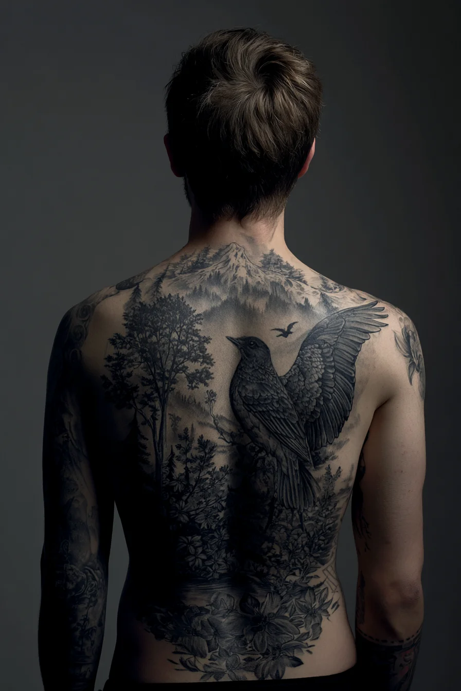 Full-Back Raven & Mountain Landscape Tattoo — Blackwork Forest Realism