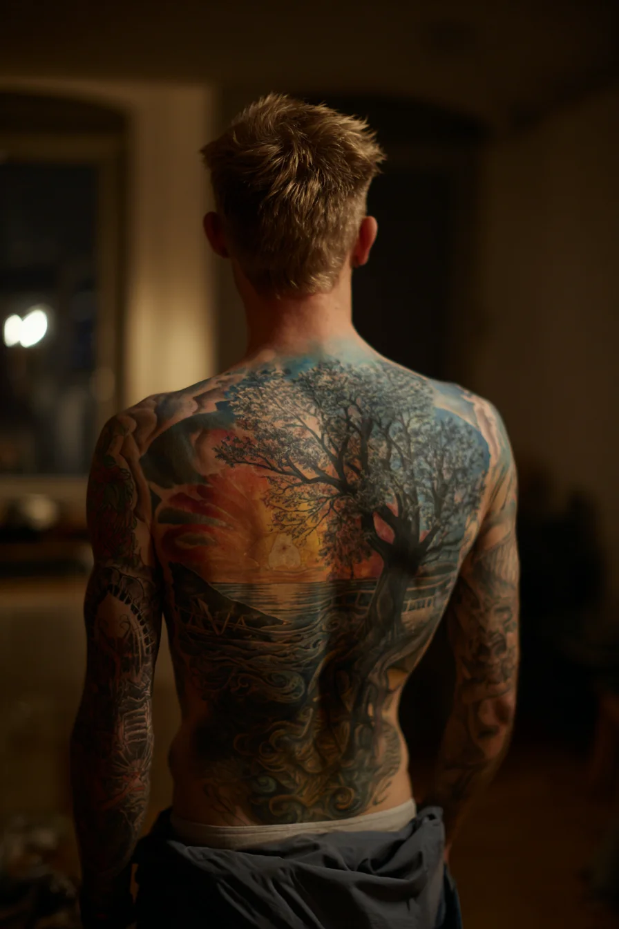 Full-Back Tree of Life & Seascape Tattoo — Color Realism, Sunset Elements