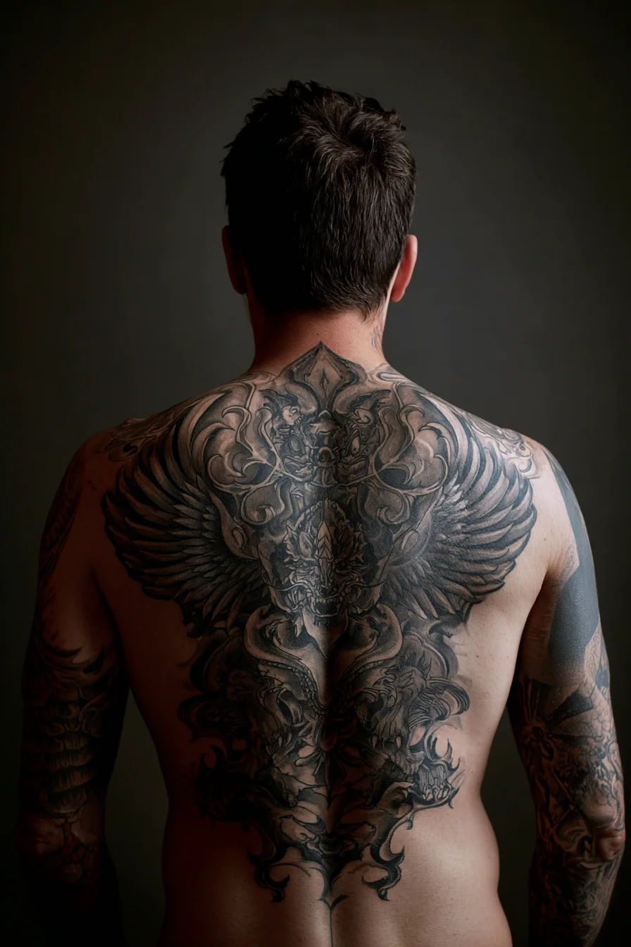 Full-Back Winged Oni Demon Tattoo — Black & Grey Back Piece for Men