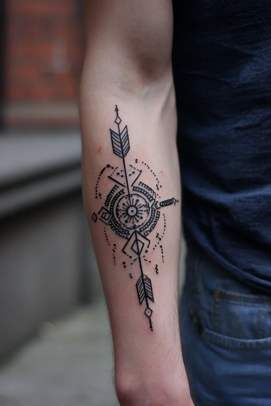 Geometric Arrow Compass Tattoo — Forearm Directional Blackwork Design