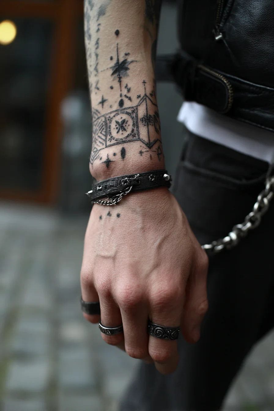 Geometric Celestial Wrist & Hand Tattoo — Blackwork Stars and Band