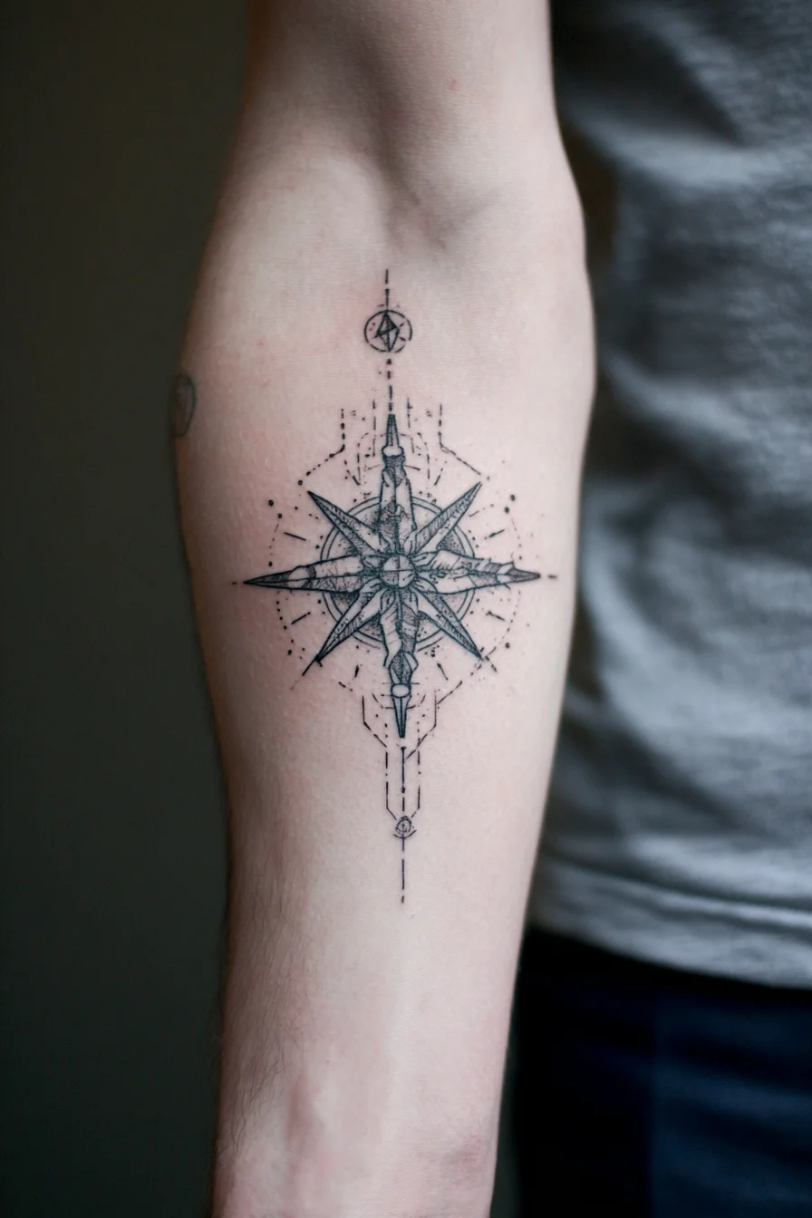 Geometric Compass Rose Forearm Tattoo — Nautical Compass, Dotwork & Linework