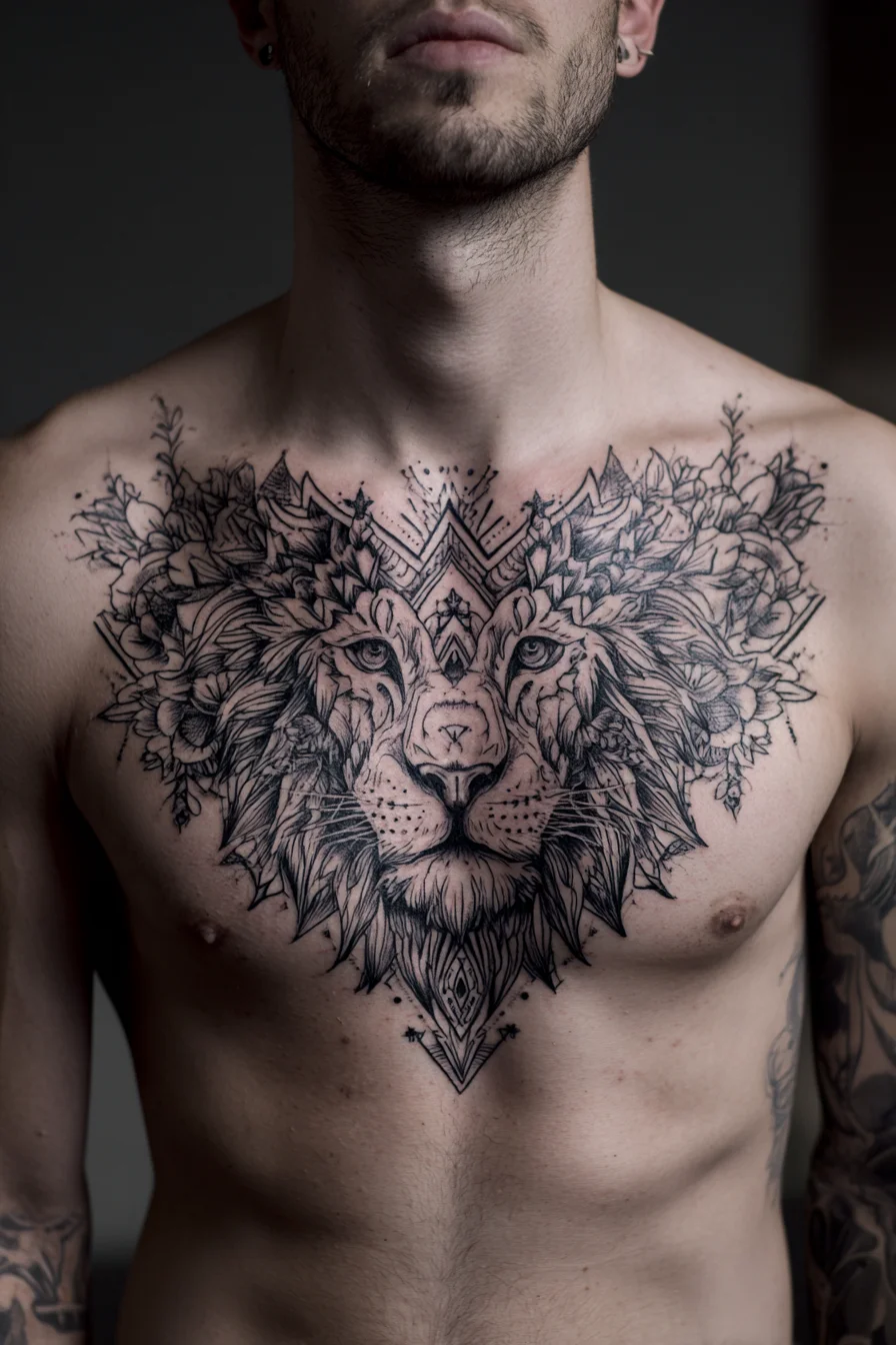 Geometric Lion Chest Tattoo — Ornamental Blackwork for Men