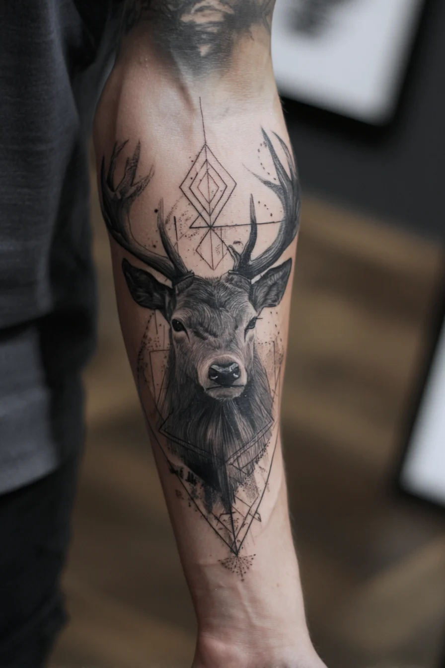 Geometric Stag Forearm Tattoo — Blackwork Deer with Linework & Dotwork