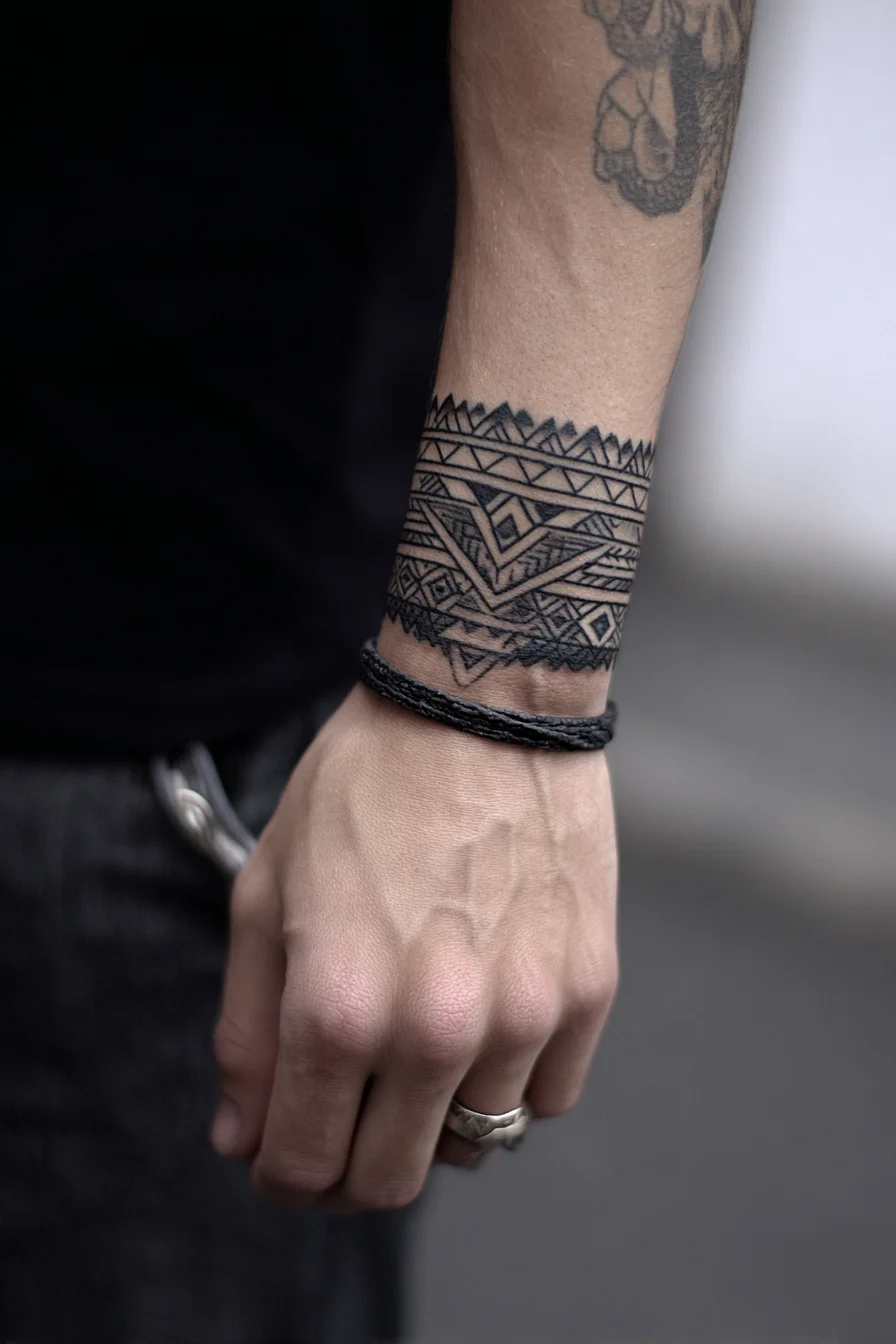 Geometric Tribal Blackwork Wrist Band Tattoo — Bold Wrist Cuff