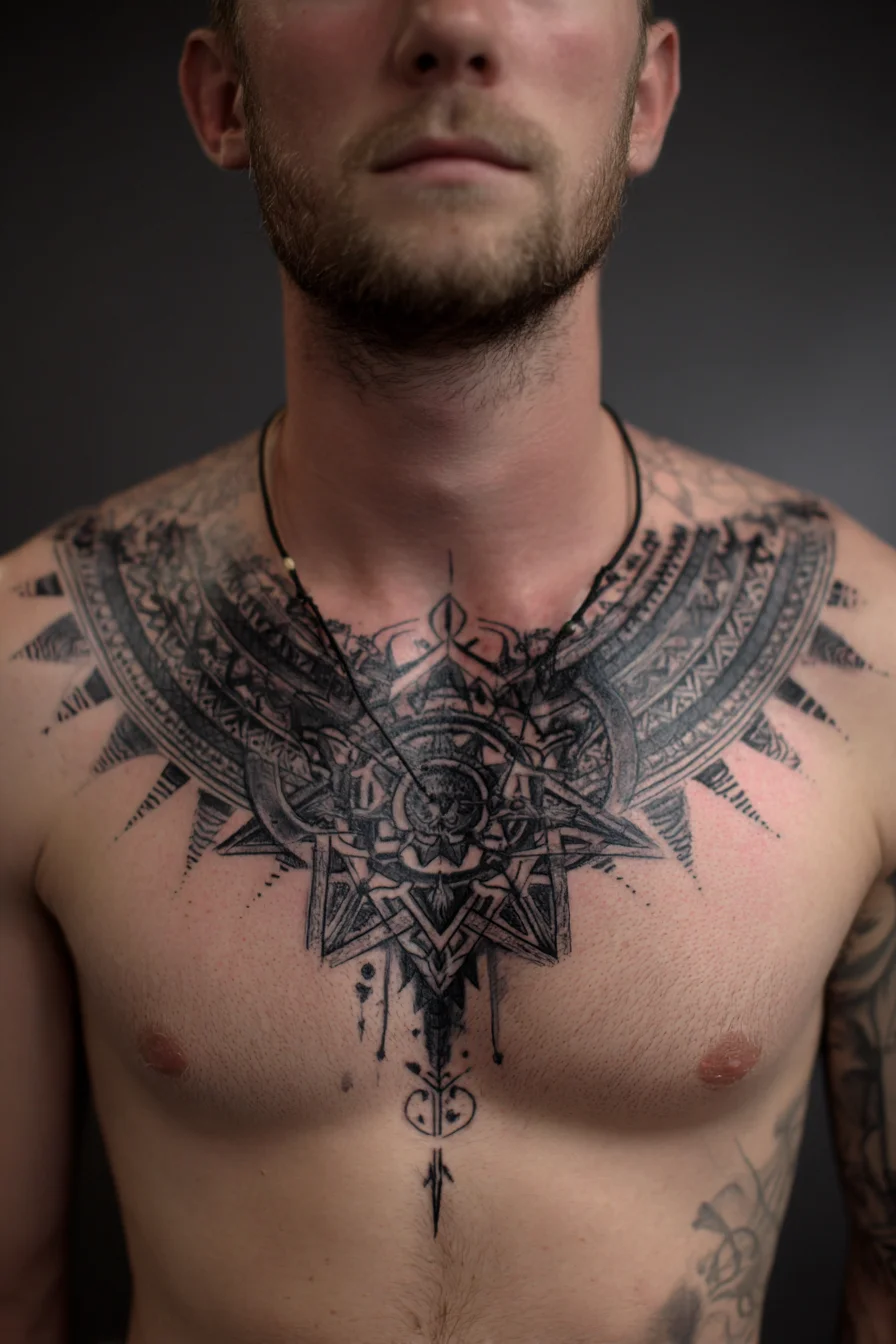 Geometric Tribal Chest Mandala — Blackwork Sternum Tattoo