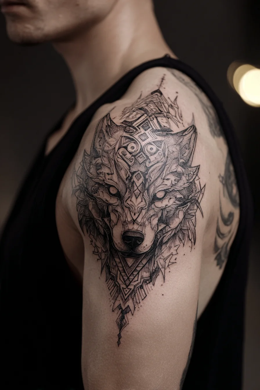 Geometric Wolf Shoulder Tattoo — Intricate Linework & Dotwork