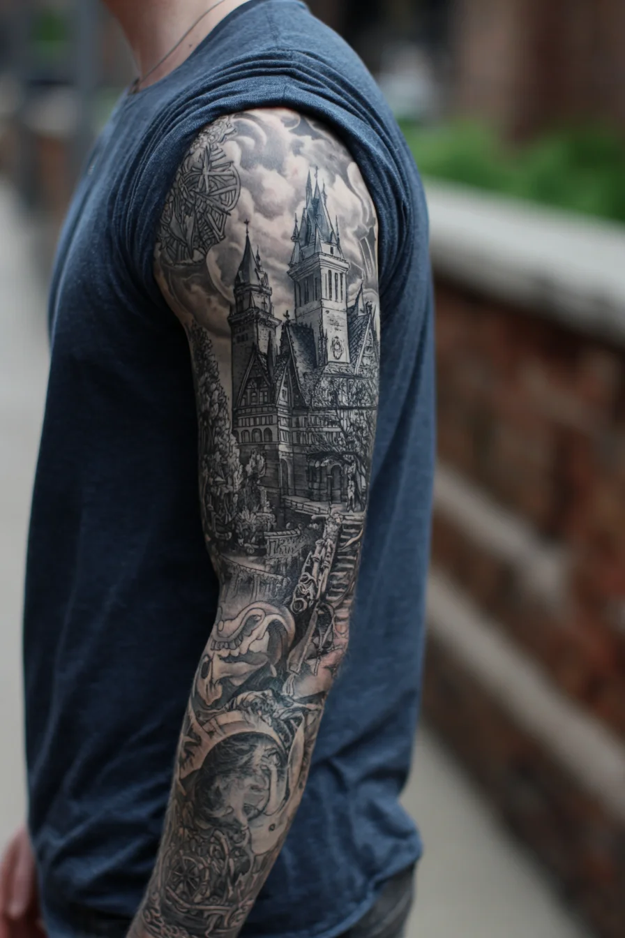 Gothic Castle Black & Grey Full Sleeve Tattoo — Castle, Skull & Moon