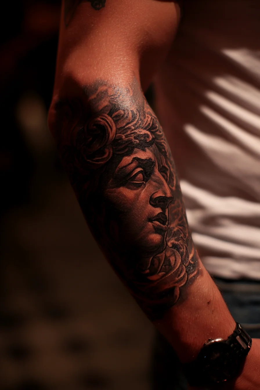 Greco-Roman Portrait Forearm Tattoo — Black & Grey Realism