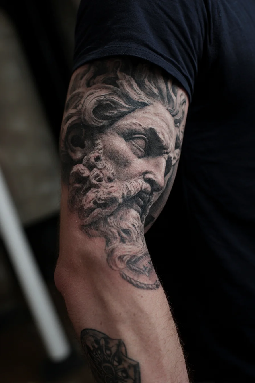 Greek Statue Portrait Tattoo — Black & Grey Realism Upper Arm