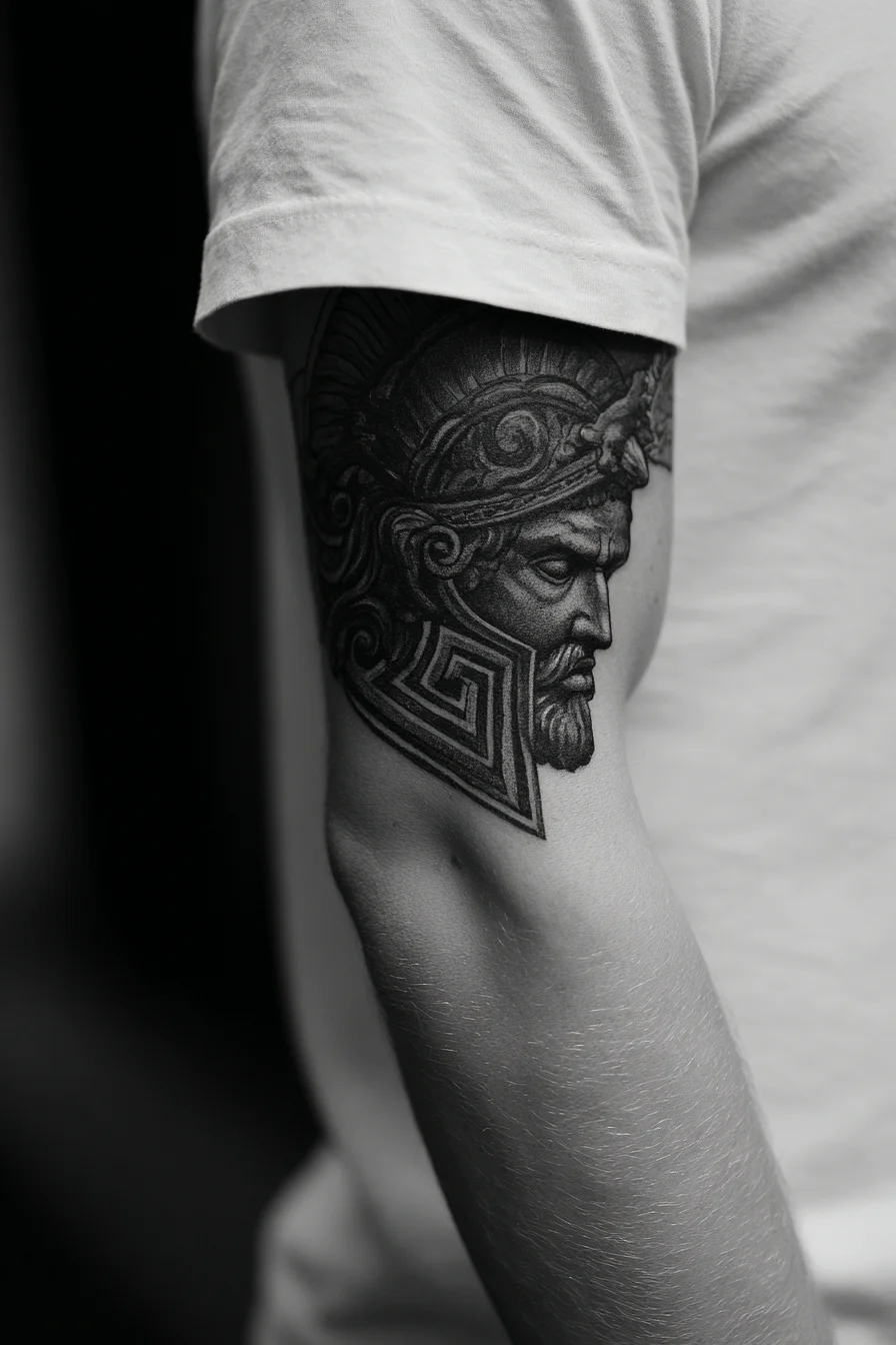 Greek Warrior Helmet Tattoo — Blackwork Spartan/Ancient Warrior Arm Piece