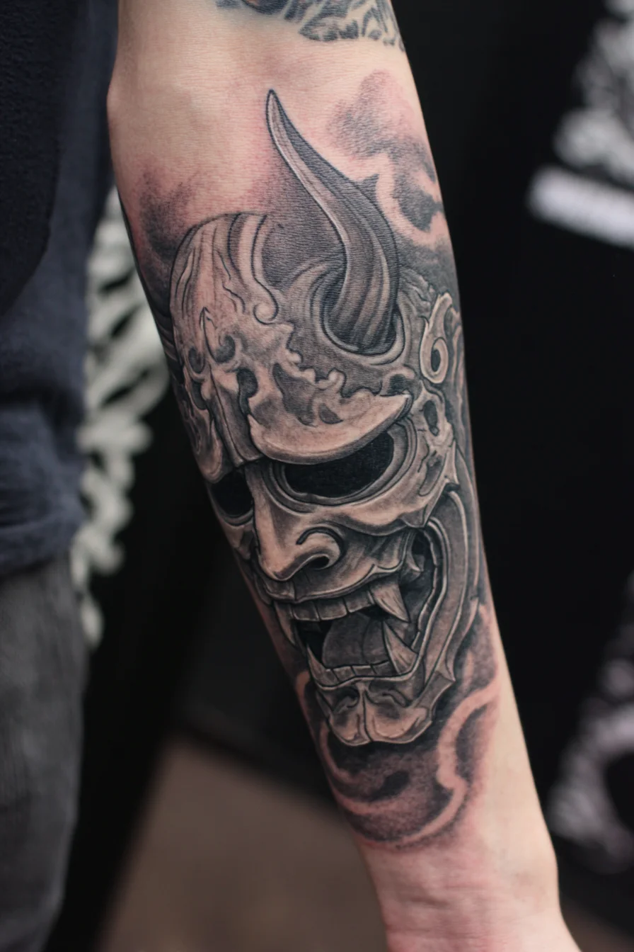 Hannya Mask Forearm Tattoo — Japanese Oni Black & Grey