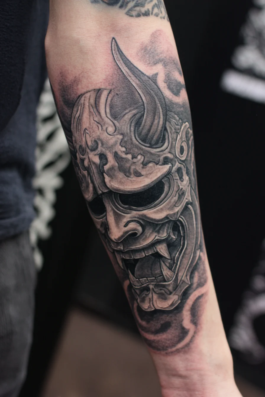 Hannya / Oni Mask Forearm Tattoo — Japanese Demon Black & Grey