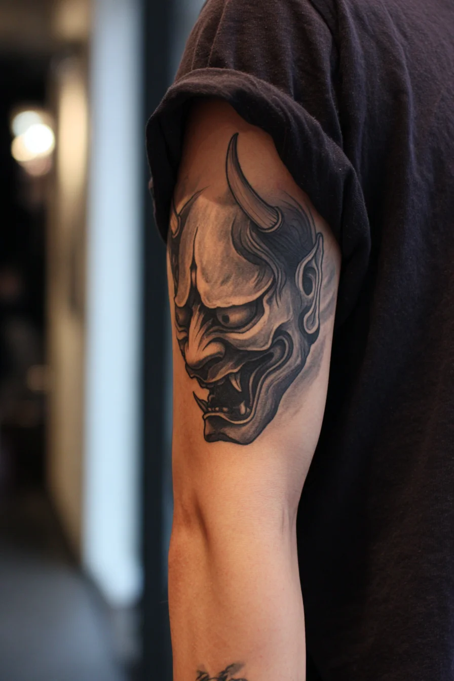 Hannya (Oni) Mask Tattoo — Japanese Demon Black & Grey Upper-Arm Design