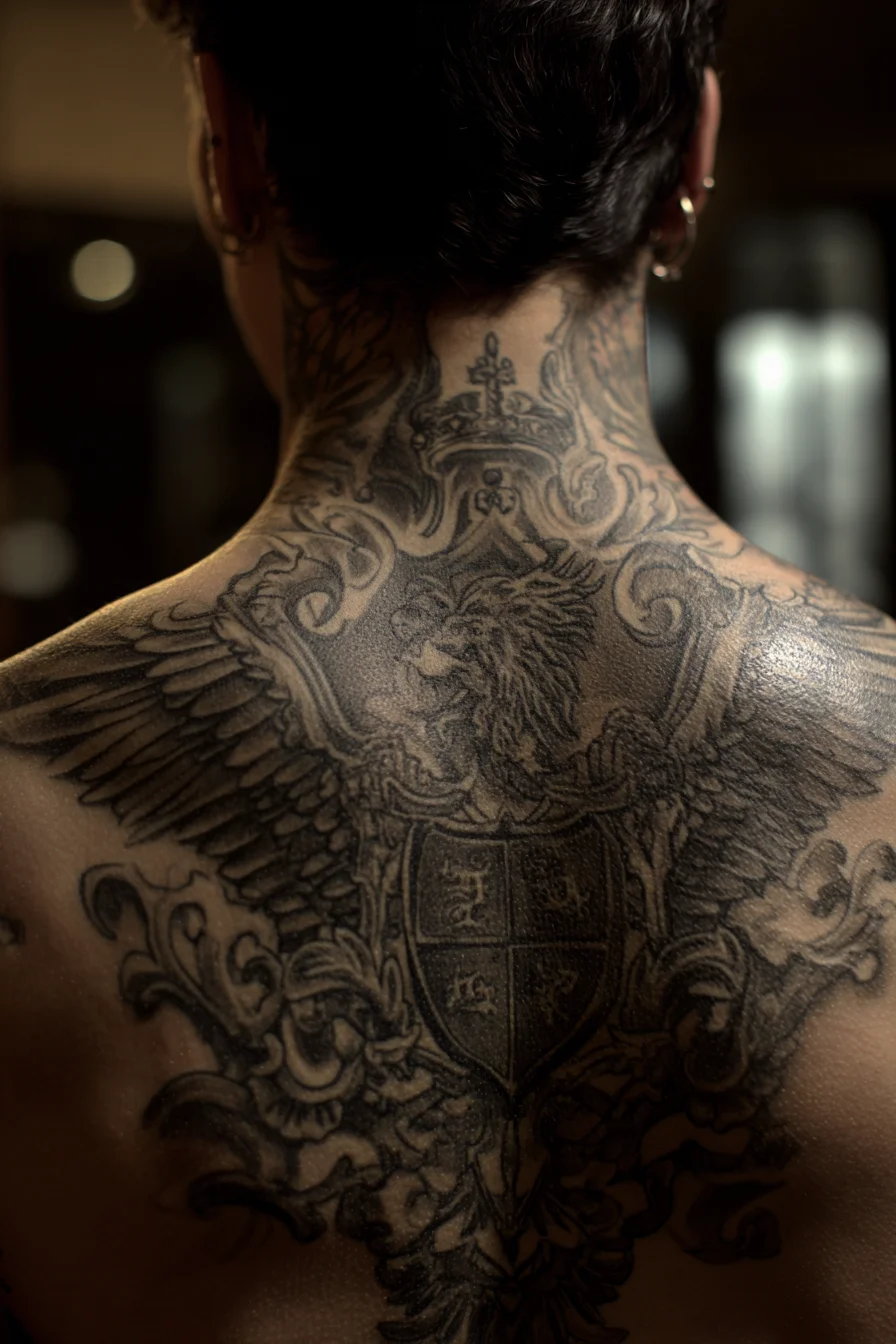 Heraldic Lion Crest with Wings — Full Upper Back Tattoo