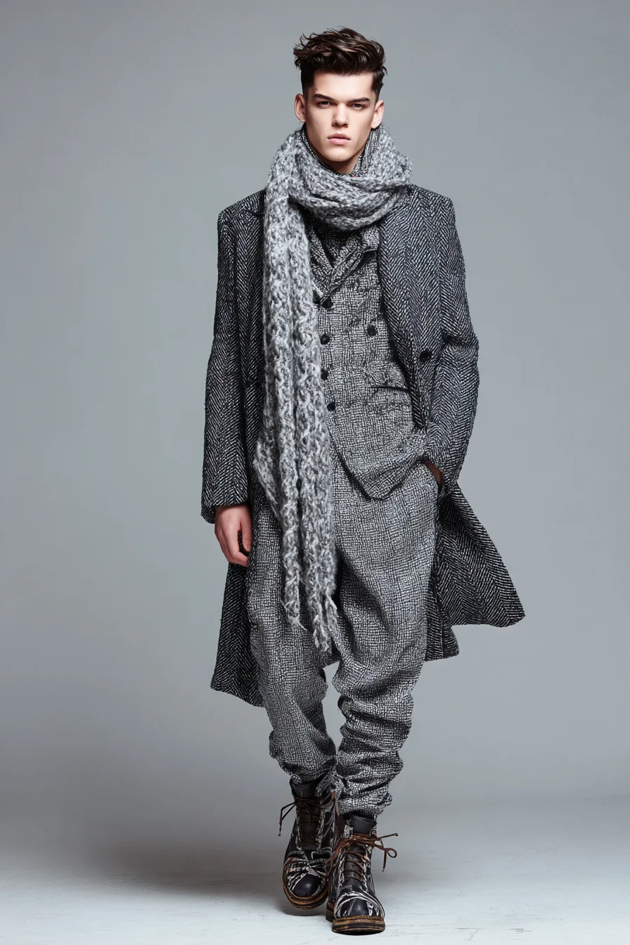 Herringbone Overcoat with Waistcoat and Chunky Knit Scarf — Modern Tailored Winter Look