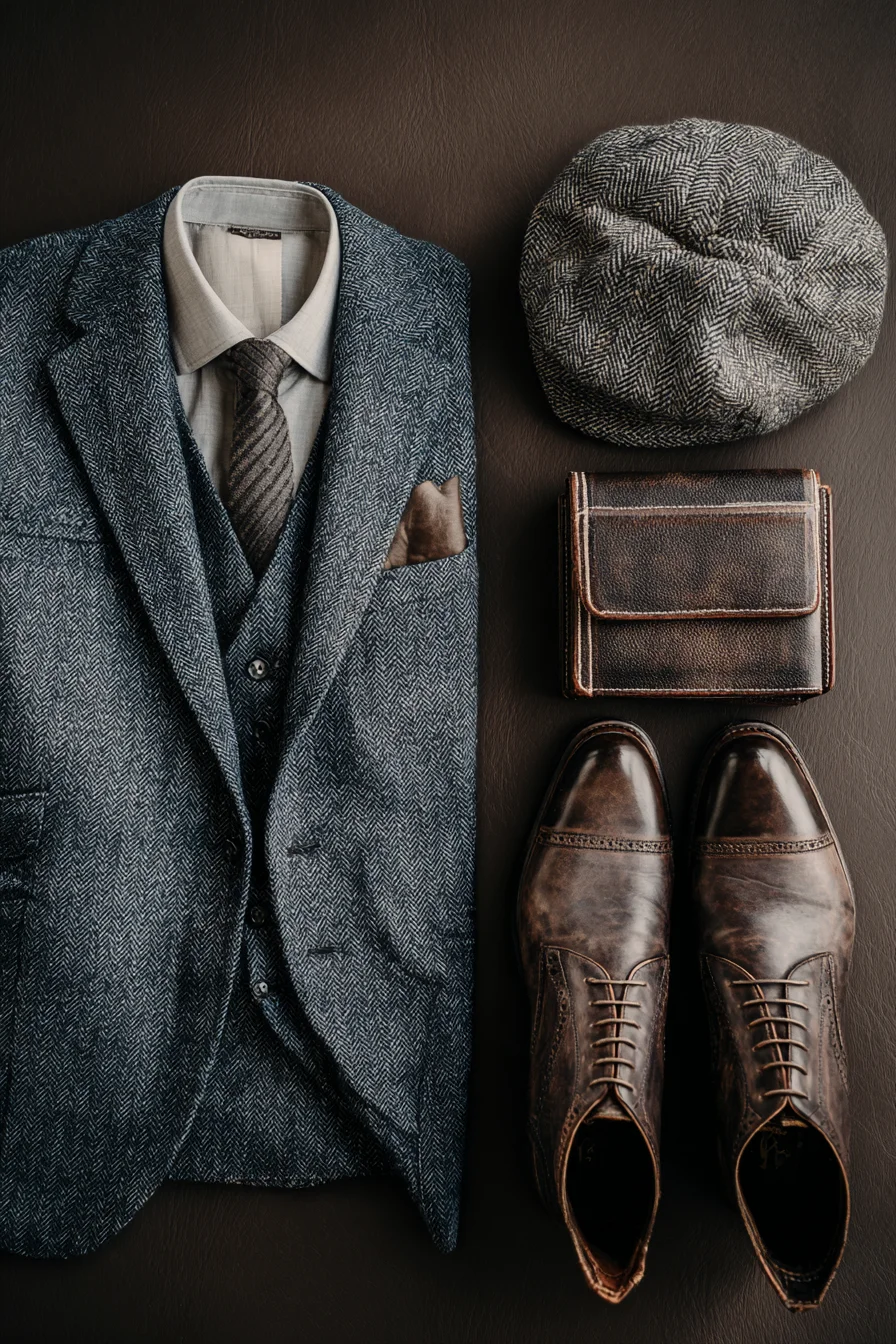 Herringbone Tweed Three-Piece Suit with Brown Brogues & Flat Cap