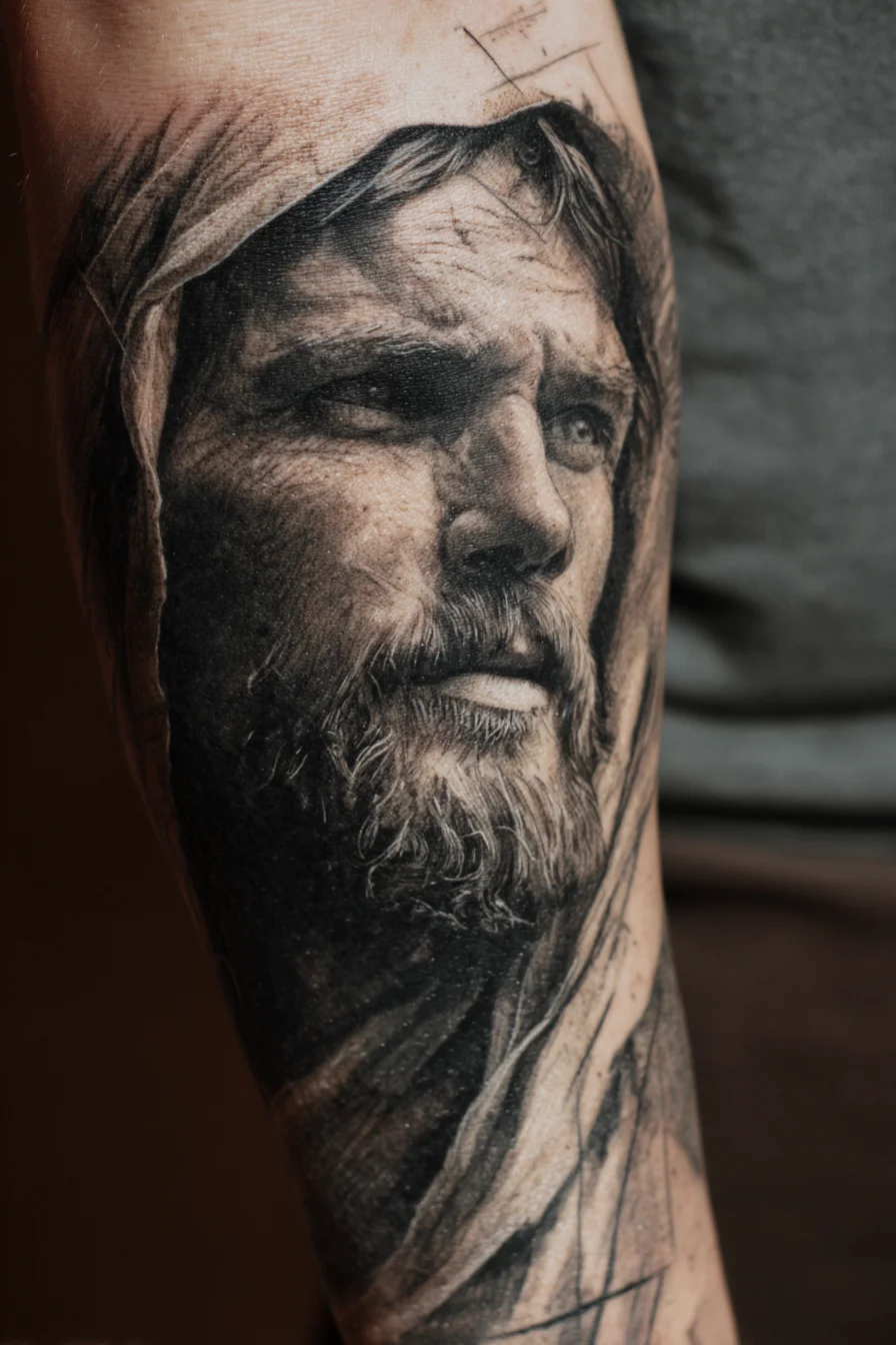 Hooded Bearded Man Realism Tattoo — Black & Grey Portrait Forearm/Sleeve