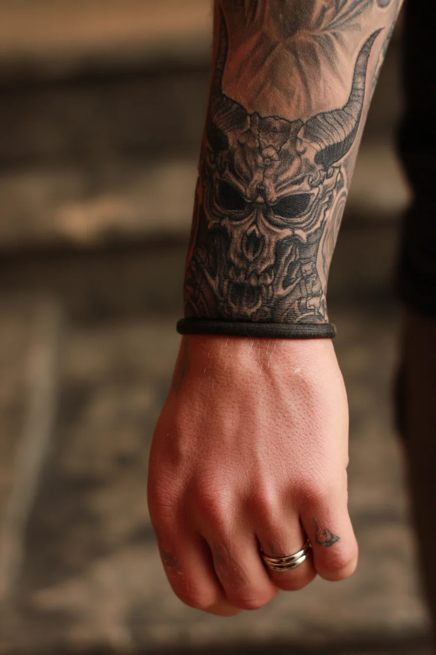 Horned Skull Forearm Tattoo — Blackwork Demon Skull Sleeve Accent