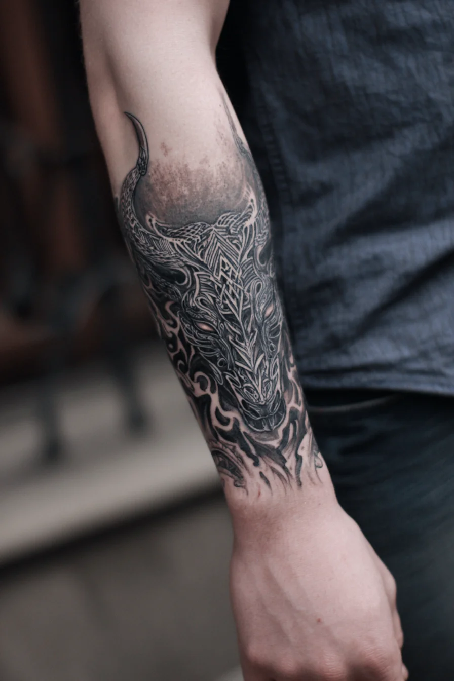 Intricate Horned Beast Forearm Tattoo — Norse-Inspired Blackwork