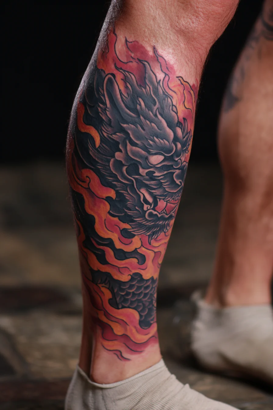 Japanese Dragon Calf Tattoo — Fiery Calf Sleeve in Blackwork & Color