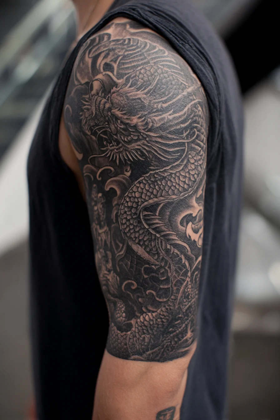 Japanese Dragon Half-Sleeve Tattoo - Black & Grey Irezumi Design